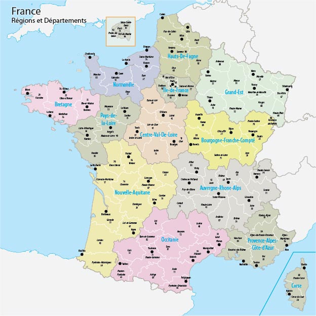 Op maat output voldoende Digitale kaart van Frankrijk met indeling van regio's en departementen